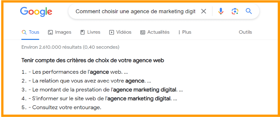 featured snippets de choix de votre agence web