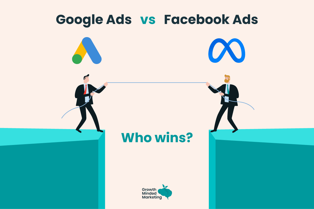 Illustration d’un duel entre Google Ads et Facebook Ads, représentés par deux hommes en costume tirant une corde depuis deux falaises opposées, symbolisant la concurrence entre les deux plateformes publicitaires.
