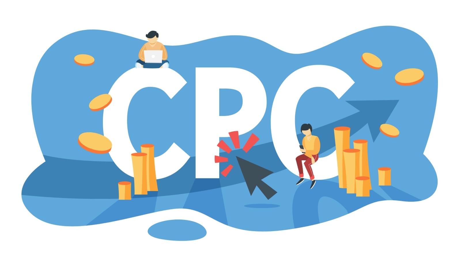 Illustration représentant le concept de CPC (Coût Par Clic) avec deux personnages utilisant des appareils numériques, une grande flèche bleue montante, des pièces de monnaie, et un curseur de souris cliquant sur les lettres.