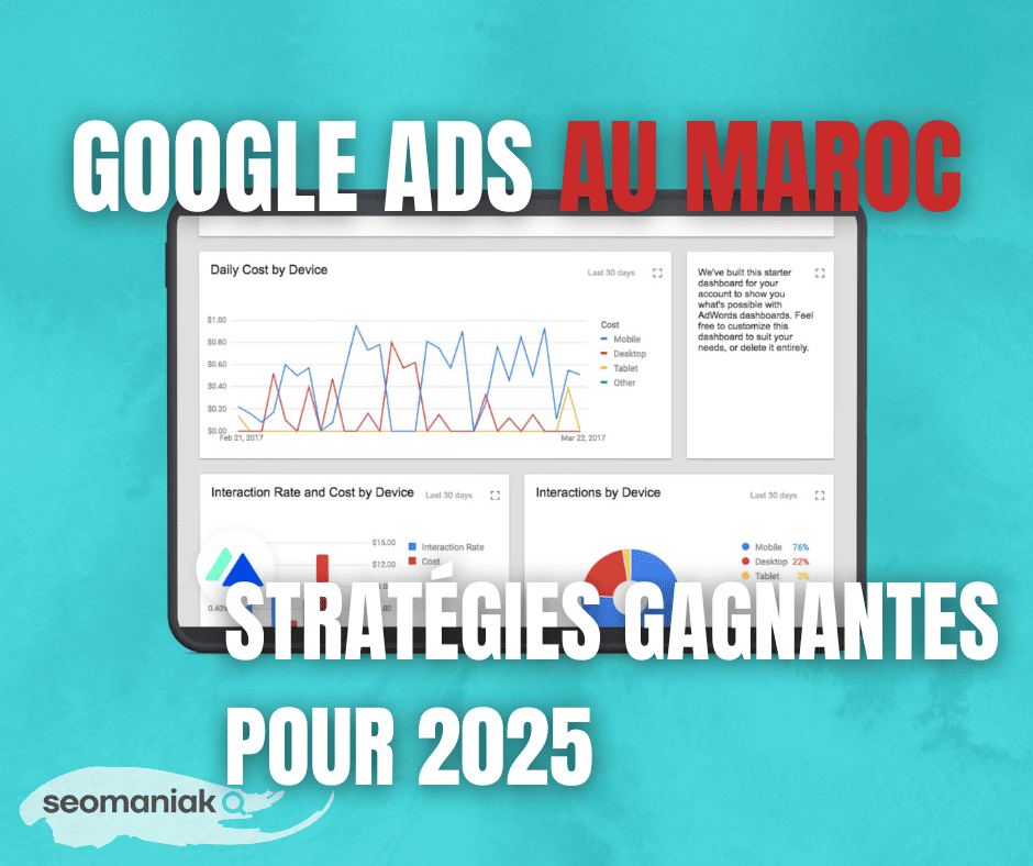 Tableau de bord Google Ads montrant les performances par appareil (mobile, desktop, tablette) au Maroc, avec des statistiques sur les coûts et taux d'interaction, accompagné de stratégies gagnantes pour 2025 par Seomaniak