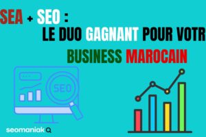 Illustration avec les mots "SEA + SEO : le duo gagnant pour votre business marocain", accompagnée d’icônes représentant l’analyse SEO et une courbe de croissance.