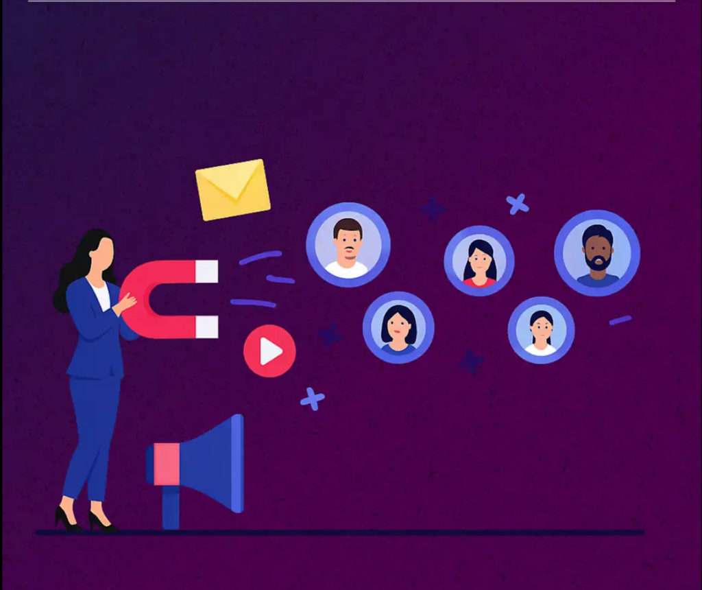 Illustration d'une femme tenant un aimant attirant des icônes représentant des clients potentiels, accompagnée d’éléments de communication comme une enveloppe, une vidéo et un mégaphone, sur fond violet.