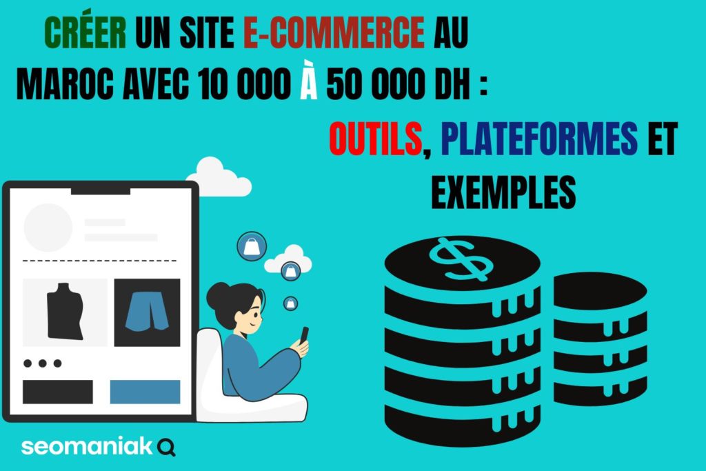 Illustration montrant une femme utilisant un smartphone devant une interface e-commerce, accompagnée de pièces de monnaie