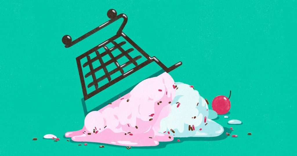 Illustration d’un chariot de courses renversé, symbolisant un abandon de panier ou une erreur d’achat en ligne.