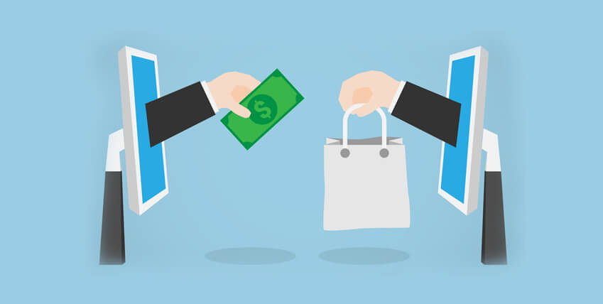 Illustration montrant une transaction en ligne, avec une main sortant d’un écran d’ordinateur tenant de l’argent et une autre main sortant d’un autre écran tenant un sac d’achat.