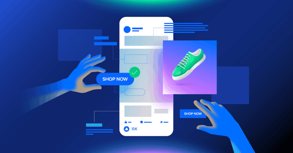 Image numérique représentant une interface mobile avec des boutons “Shop Now” et une chaussure verte mise en avant, illustrant une expérience d’achat en ligne interactive.
