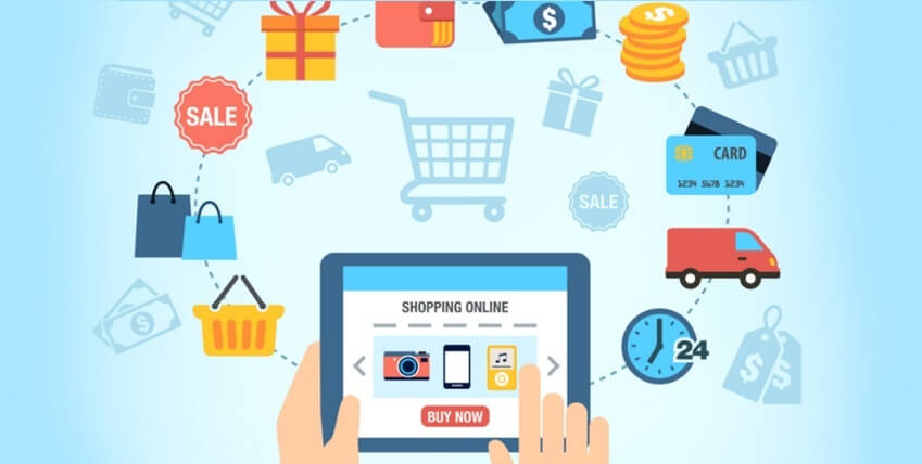Illustration montrant un utilisateur effectuant un achat en ligne via une tablette, entouré d’icônes représentant les différentes étapes du e-commerce : panier, paiement, livraison, promotions, et service 24h/24.