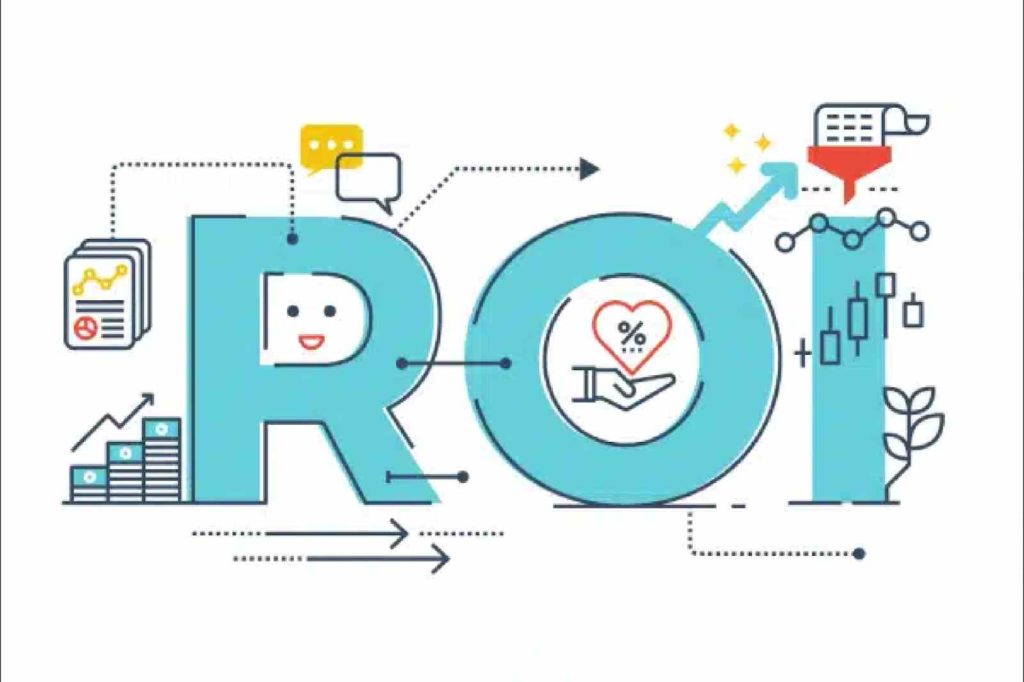Illustration graphique représentant le concept de ROI (Retour sur Investissement) avec des icônes de statistiques, croissance, pourcentage et de performance marketing.