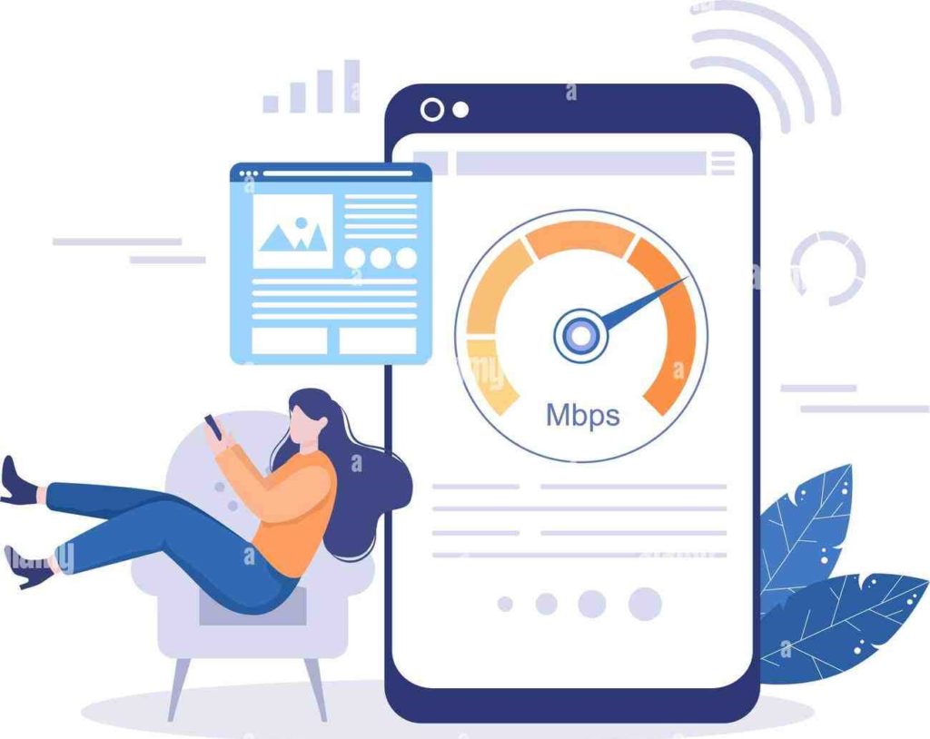 Illustration d'une femme utilisant un smartphone, assise dans un fauteuil, avec en arrière-plan un écran géant affichant un test de vitesse de connexion internet (Mbps), symbolisant l’optimisation des performances web et mobiles.