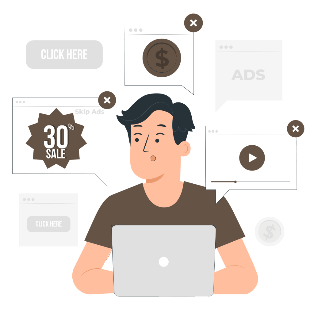 Illustration d'un homme devant un ordinateur portable, entouré de nombreuses fenêtres pop-up publicitaires, incluant des boutons "Click Here", une offre de "30% Sale", une icône de dollar et une vidéo publicitaire. L’homme semble perplexe ou distrait.