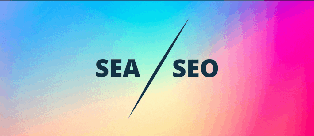 Illustration mettant en contraste le SEA (Search Engine Advertising) et le SEO (Search Engine Optimization) sur un fond dégradé coloré.