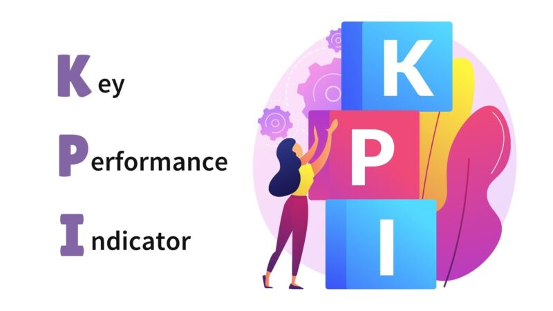 Illustration colorée montrant une femme interagissant avec des blocs marqués K, P et I pour représenter les Key Performance Indicators (Indicateurs Clés de Performance)