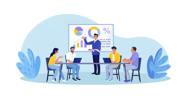 Illustration d’un coach présentant des données lors d’un séminaire, symbolisant les actions de mentorat et de formation