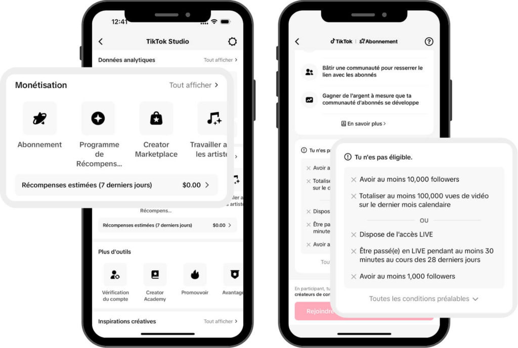 Capture d’écran de l’interface TikTok Studio affichée sur deux smartphones, montrant les différentes options de monétisation et les conditions d’éligibilité pour les créateurs.