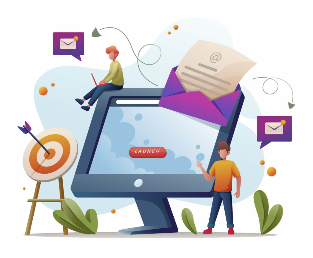 Illustration représentant une campagne d’email marketing au Maroc, avec des éléments digitaux et des icônes de messagerie