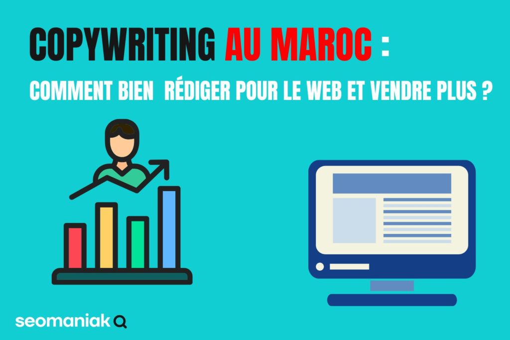 mage illustrant une publicité sur le copywriting au Maroc, avec un écran d’ordinateur affichant du contenu web, une personne devant un graphique de croissance, et le texte : "Copywriting au Maroc : comment bien rédiger pour le web et vendre plus ?"