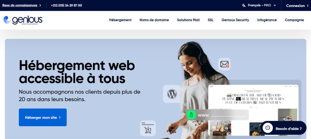 Capture d’écran du site de l’agence Genious à Rabat, spécialisée en SEO, hébergement web et services digitaux au Maroc