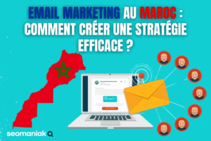 Illustration d’une stratégie d’email marketing au Maroc avec une carte du pays, un ordinateur, une enveloppe jaune et des icônes de clients connectés