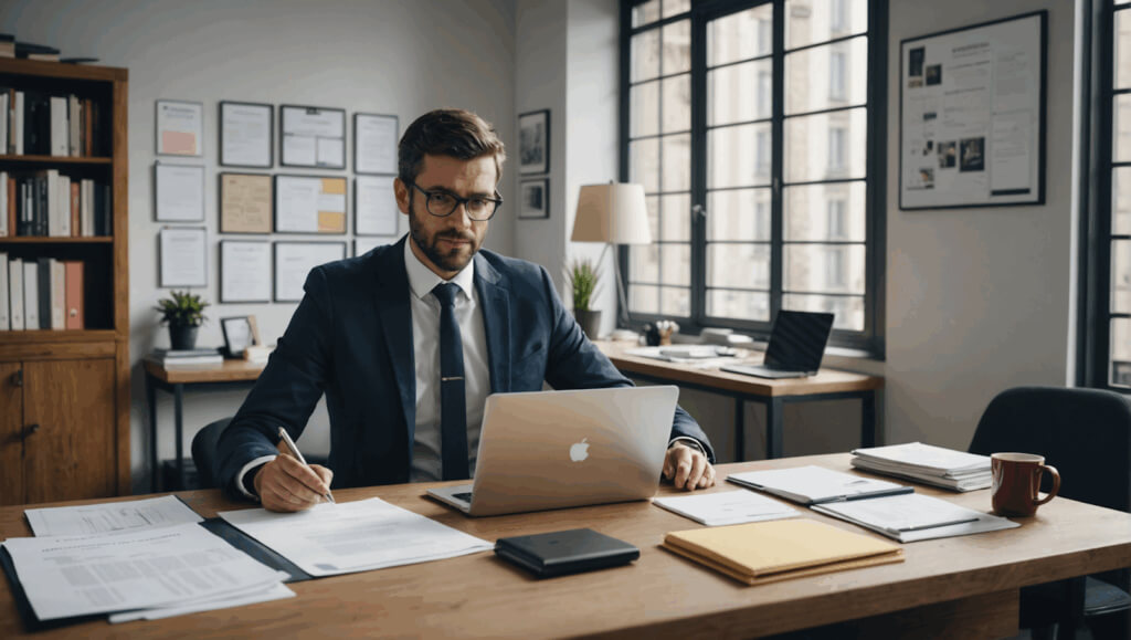 L’image montre un homme barbu portant des lunettes et un pull gris, assis à un bureau dans un espace lumineux entouré de plantes vertes. Il est concentré sur son ordinateur portable, sur lequel apparaît une page web avec du texte et une image. 