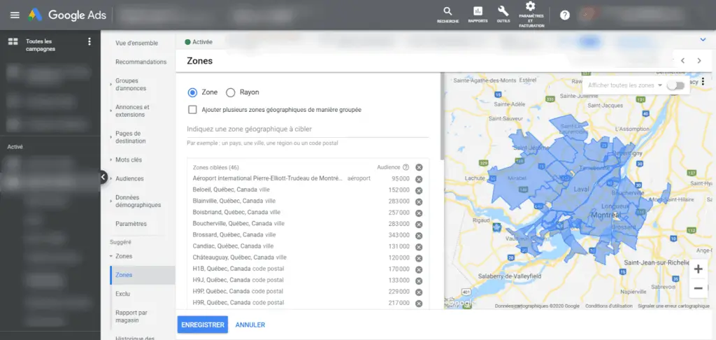 Capture d’écran de Google Ads affichant la sélection de zones géographiques pour une campagne, avec une carte de la région de Montréal et une liste de villes ciblées à gauche..
