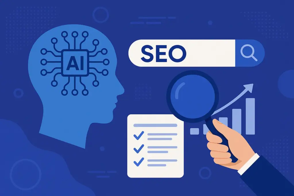 L’image montre une tête stylisée avec une puce électronique marquée "AI", face à une interface contenant le mot "SEO", une liste de tâches, une loupe, et une flèche ascendante.. Le visuel évoque une collaboration entre l’IA et les experts SEO, plutôt qu’une simple automatisation.