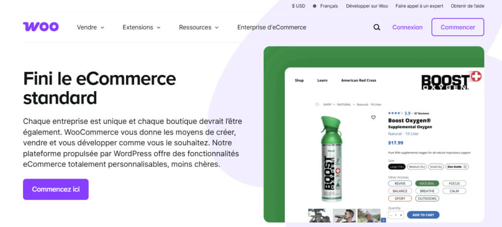 Capture d’écran de la page d’accueil WooCommerce, solution CMS populaire pour créer une boutique en ligne au Maroc