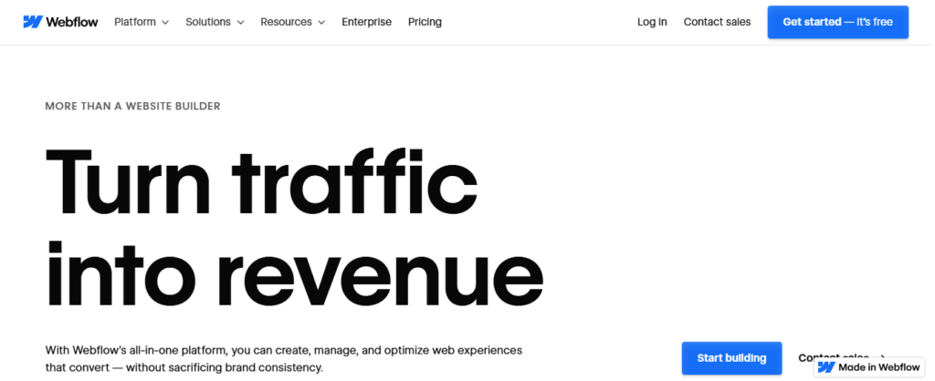Capture d’écran de Webflow, un outil no-code utilisé pour créer des sites web professionnels
