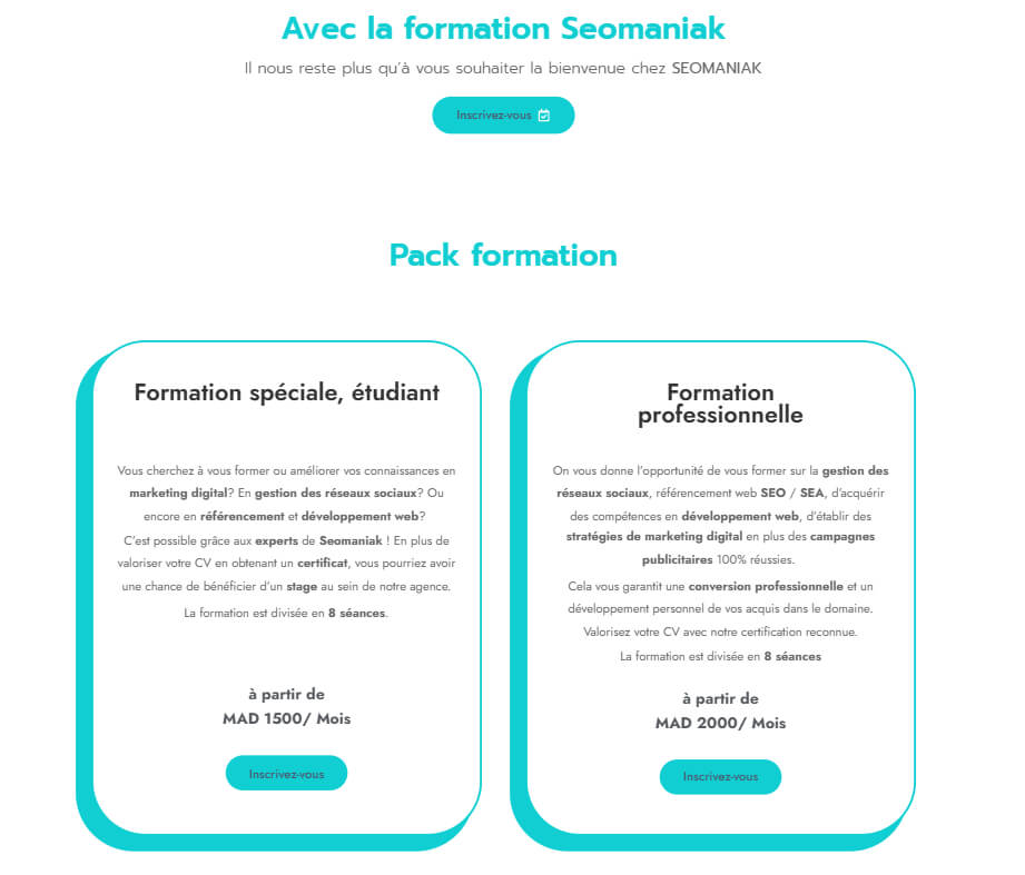 L’image présente deux offres de formation proposées par Seomaniak. La première, destinée aux étudiants, permet d’apprendre le marketing digital, la gestion des réseaux sociaux, le référencement et le développement web. La seconde, orientée vers les professionnels, inclut SEO/SEA, stratégies digitales et campagnes publicitaires, et vise une reconversion ou un perfectionnement. 
