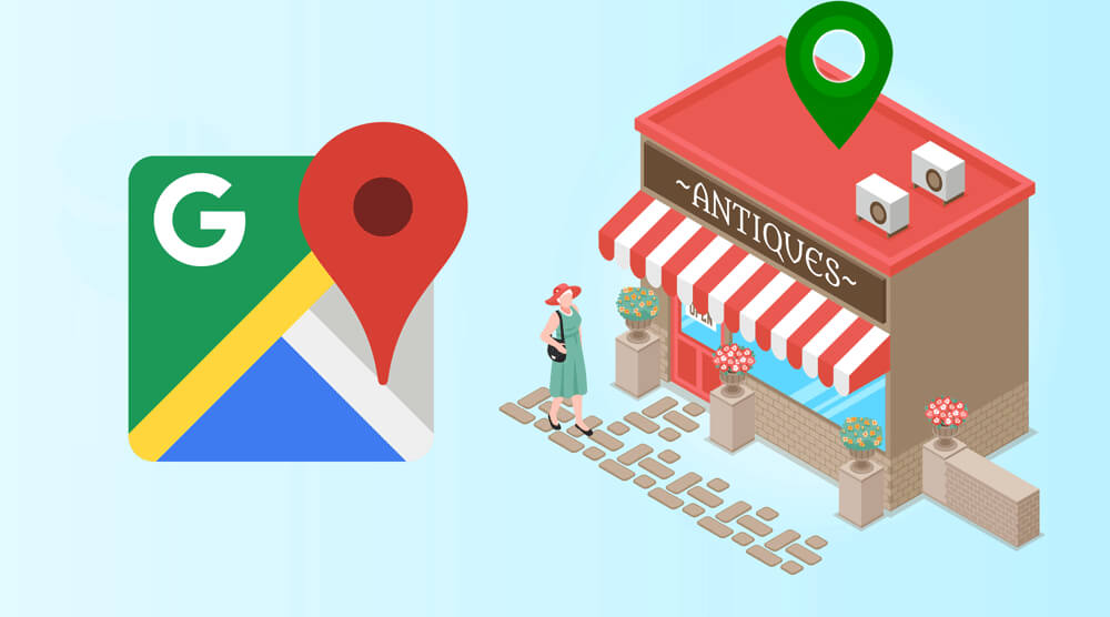 Illustration représentant une boutique physique marquée par une épingle de géolocalisation verte, symbole du référencement local. À gauche, le logo Google Maps est affiché. Une cliente se tient devant le magasin, illustrant la visibilité accrue offerte aux commerces grâce à Google Maps.