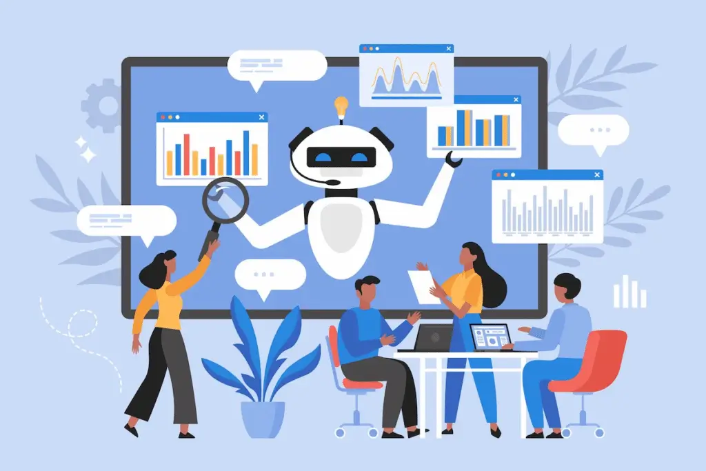 L’image montre un robot au centre d’un écran géant, entouré de graphiques et de bulles de dialogue. Devant l’écran, quatre personnes discutent autour d’une table, illustrant une réunion ou un brainstorming.