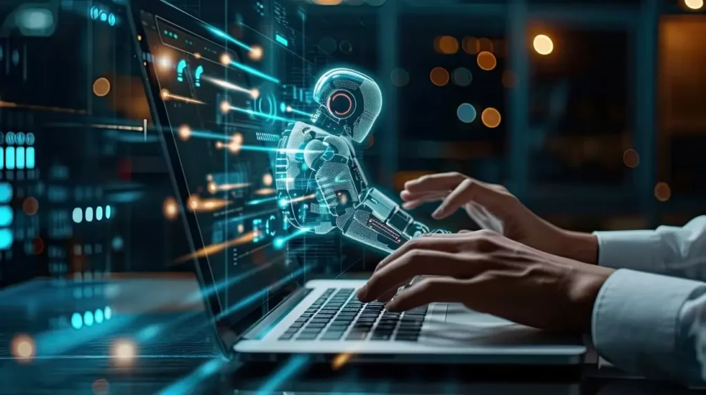 Image illustrant l’utilisation des scripts IA en content marketing : un robot transparent sort de l’écran d’un ordinateur portable pour interagir avec les mains d’un utilisateur humain. Le décor futuriste et les effets lumineux symbolisent la collaboration entre intelligence artificielle et humains dans la création de contenu digital.