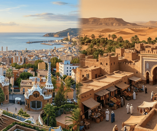 Vue symbolique de Barcelone et du Maroc illustrant l'expertise multiculturelle de Seomaniak.