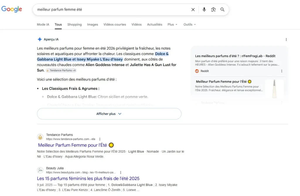 AI Overviews Google - parfum femme été