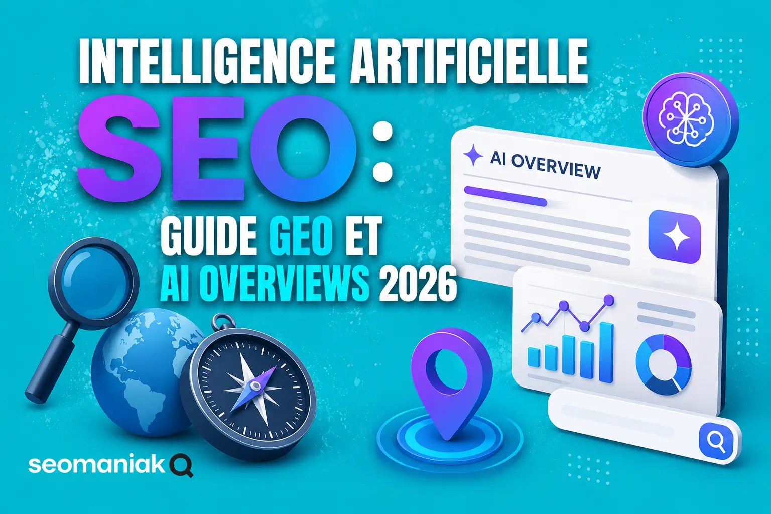 Illustration moderne sur l’intelligence artificielle SEO avec AI Overviews, GEO, analytics et optimisation de visibilité Google en 2026.