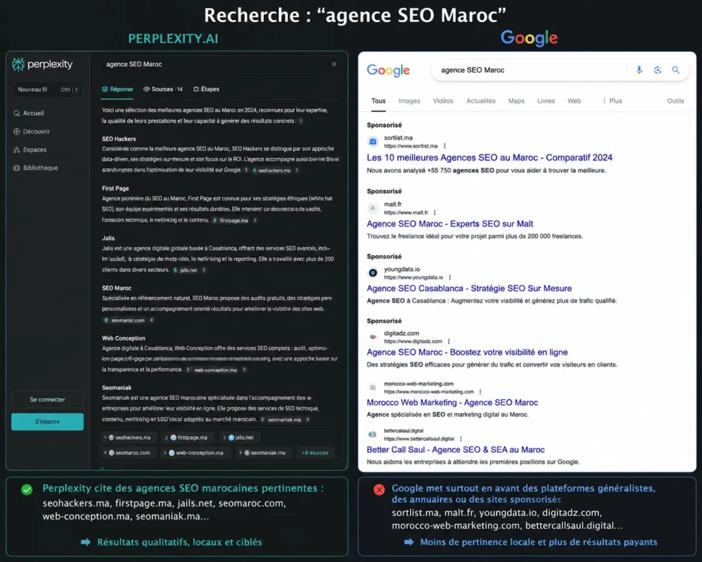 Comparaison visuelle entre les résultats de recherche Perplexity.ai et Google pour la requête « agence SEO Maroc » - intelligence artificielle SEO