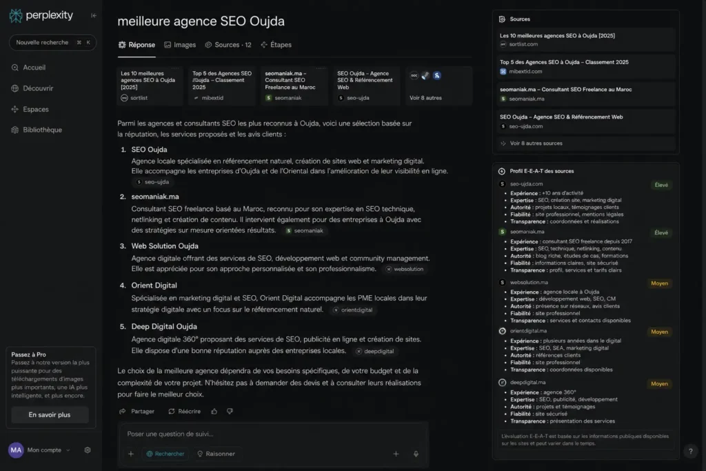 Perplexity.ai — requête "meilleure agence SEO Oujda" ou "consultant SEO Maroc expert"