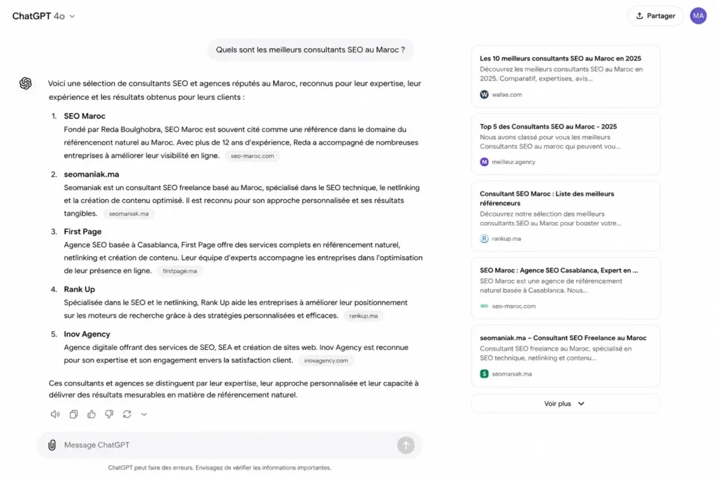 Test live sur ChatGPT-4o avec la question "Quels sont les meilleurs consultants SEO au Maroc ?" — observer quels sites sont cités.