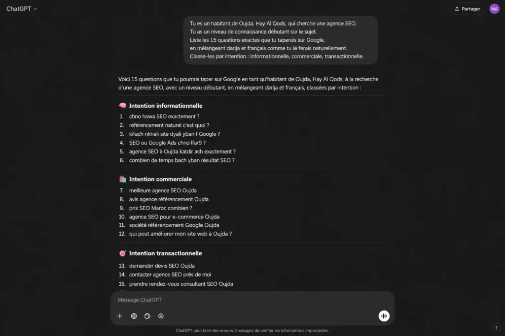 Screenshot du prompt dans ChatGPT avec la réponse réelle