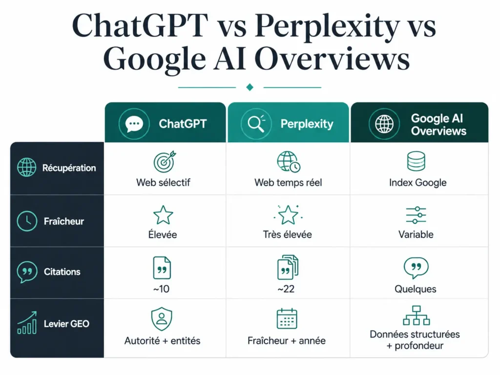 Comparaison ChatGPT Perplexity et Google AI Overviews